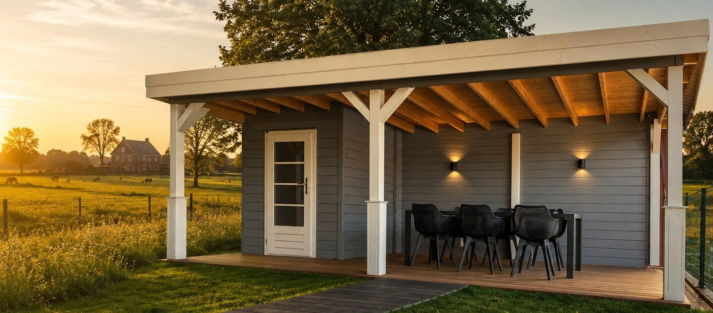 Tuinhuis grijs met wit met berging en veranda in landelijke omgeving met in-lite verlichting