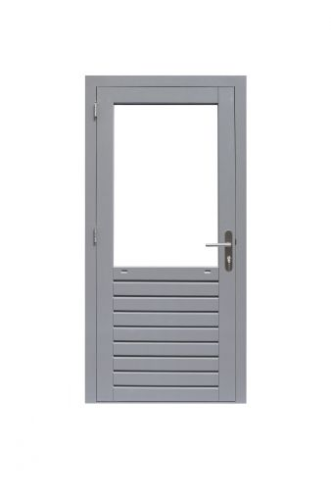 Hardhouten enkele 1-ruits deur Prestige met dubbelglas, rechtsdraaiend, 109 x 221 cm, grijs gegrond.