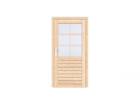 Vuren 1-ruits enkele deur Prestige 108x209 cm, rechtsdraaiend, scharnieren, RVS beslag, onbehandeld.