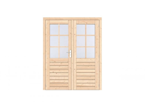 Vuren 1-ruits dubbele deur Prestige 168x209 cm, scharnieren, RVS beslag, onbehandeld.