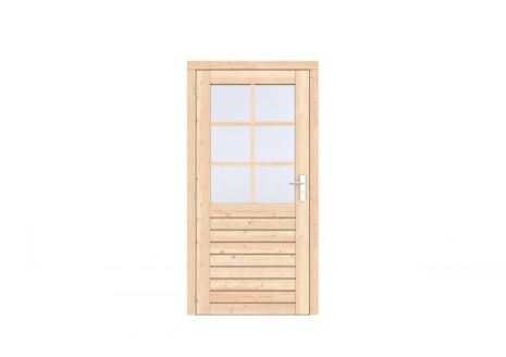 Vuren 1-ruits enkele deur Prestige 108x209 cm, linksdraaiend, scharnieren, RVS beslag, onbehandeld.
