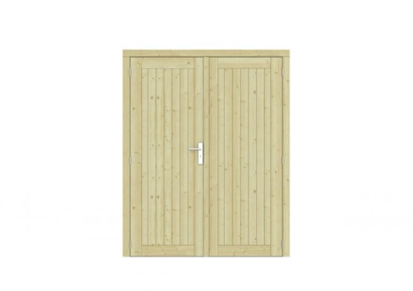 Vuren dichte dubbele deur Prestige 168x209 cm, scharnieren, RVS beslag, groen geimpregneerd.