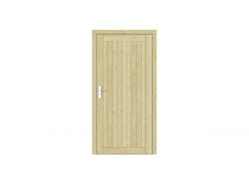 Vuren dichte enkele deur Prestige 108x209 cm, rechtsdraaiend, scharnieren, RVS beslag, groen geimpregneerd.