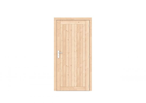 Vuren dichte enkele deur Prestige 108x209 cm, rechtsdraaiend, scharnieren, RVS beslag, kleurloos geimpregneerd.