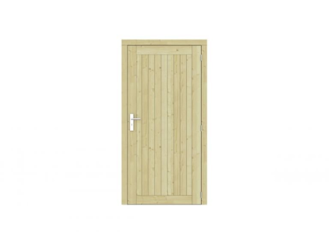 Vuren dichte enkele deur Prestige 108x209 cm, rechtsdraaiend, scharnieren, RVS beslag, groen geimpregneerd.