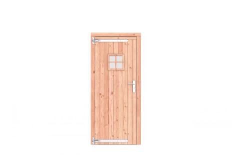 Douglas enkele deur met ruitje 90x201 cm, linksdraaiend, verzinkte hengen, RVS beslag, onbehandeld.