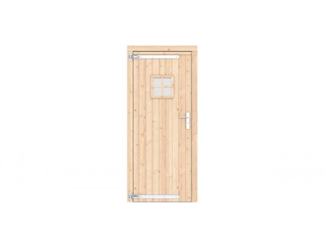 Vuren enkele deur met ruitje 90x201 cm, linksdraaiend, verzinkte hengen, RVS beslag, kleurloos geimpregneerd.