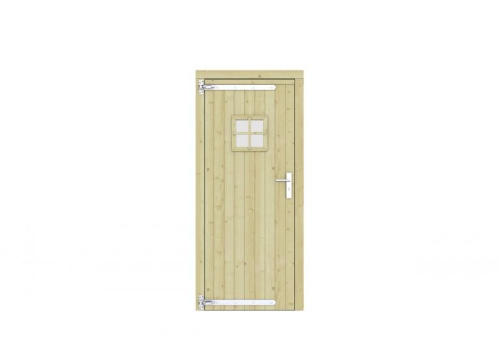 Vuren enkele deur met ruitje 90x201 cm, linksdraaiend, verzinkte hengen, RVS beslag, groen geimpregneerd.
