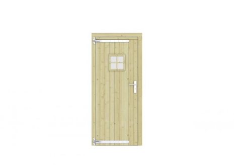 Vuren enkele deur met ruitje 90x201 cm, linksdraaiend, verzinkte hengen, RVS beslag, groen geimpregneerd.