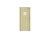 Vuren enkele deur met ruitje 90x201 cm, linksdraaiend, verzinkte hengen, RVS beslag, groen geimpregneerd.