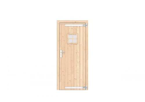 Vuren enkele deur met ruitje 90x201 cm, rechtsdraaiend, verzinkte hengen, RVS beslag, onbehandeld.