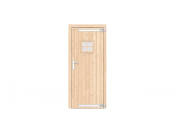 Vuren enkele deur met ruitje 90x201 cm, rechtsdraaiend, verzinkte hengen, RVS beslag, onbehandeld.