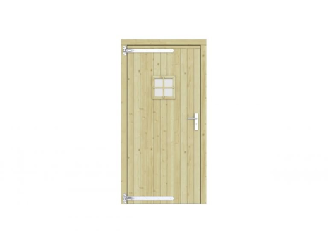 Vuren enkele deur met ruitje 108x209 cm, linksdraaiend, verzinkte hengen, RVS beslag, groen geimpregneerd.