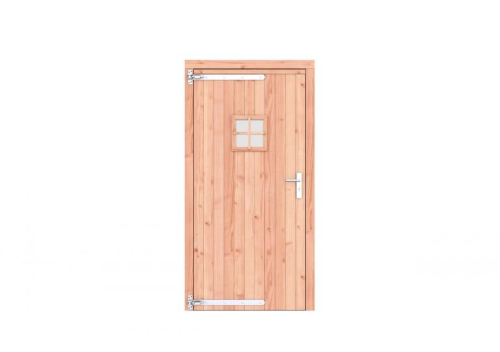 Douglas enkele deur met ruitje 108x209 cm, linksdraaiend, verzinkte hengen, RVS beslag, onbehandeld.