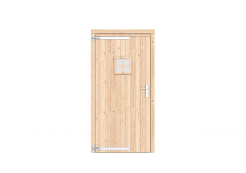 Vuren enkele deur met ruitje 108x209 cm, linksdraaiend, verzinkte hengen, RVS beslag, onbehandeld.
