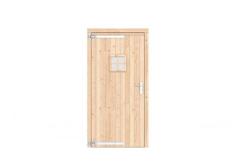 Vuren enkele deur met ruitje 108x209 cm, linksdraaiend, verzinkte hengen, RVS beslag, onbehandeld.