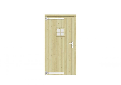 Vuren enkele deur met ruitje 108x209 cm, linksdraaiend, verzinkte hengen, RVS beslag, groen geimpregneerd.