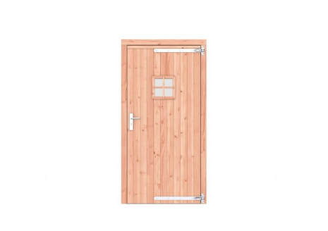 Douglas enkele deur met ruitje 108x209 cm, rechtsdraaiend, verzinkte hengen, RVS beslag, onbehandeld.