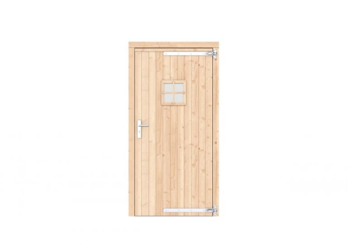 Vuren enkele deur met ruitje 108x209 cm, rechtsdraaiend, verzinkte hengen, RVS beslag, kleurloos geimpregneerd.