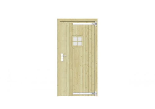 Vuren enkele deur met ruitje 108x209 cm, rechtsdraaiend, verzinkte hengen, RVS beslag, groen geimpregneerd.