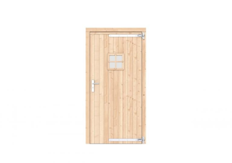 Vuren enkele deur met ruitje 108x209 cm, rechtsdraaiend, verzinkte hengen, RVS beslag, onbehandeld.