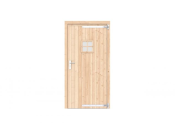 Vuren enkele deur met ruitje 108x209 cm, rechtsdraaiend, verzinkte hengen, RVS beslag, onbehandeld.