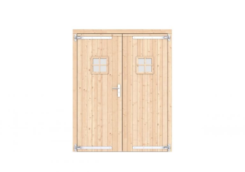 Vuren dubbele deur met ruitje 168x209 cm, verzinkte hengen, RVS beslag, onbehandeld.