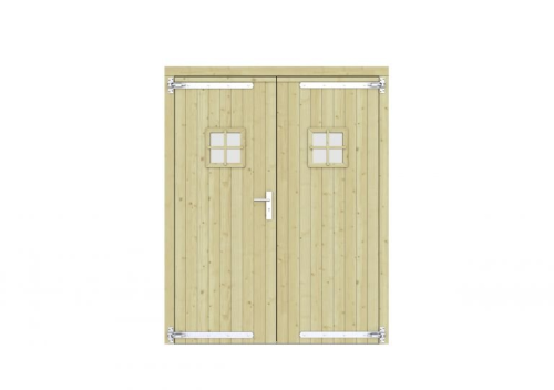 Vuren dubbele deur met ruitje 168x209 cm, verzinkte hengen, RVS beslag, groen geimpregneerd.