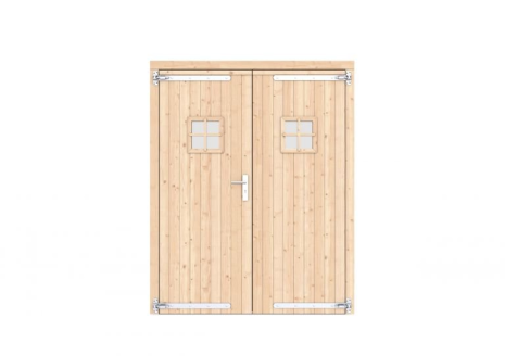 Vuren dubbele deur met ruitje 168x209 cm, verzinkte hengen, RVS beslag, kleurloos geimpregneerd.
