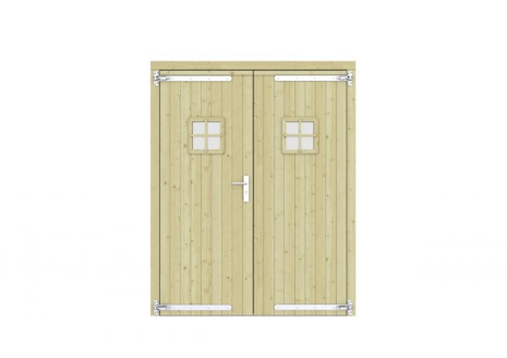 Vuren dubbele deur met ruitje 168x209 cm, verzinkte hengen, RVS beslag, groen geimpregneerd.