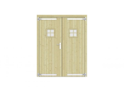 Vuren dubbele deur met ruitje 168x209 cm, verzinkte hengen, RVS beslag, groen geimpregneerd.