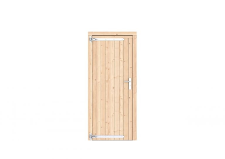 Vuren dichte enkele deur 90x201 cm, linksdraaiend, verzinkte hengen, RVS beslag, kleurloos geimpregneerd.
