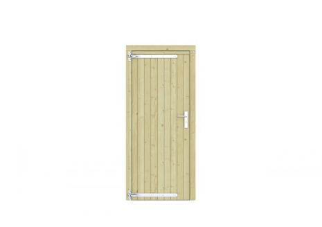 Vuren dichte enkele deur 90x201 cm, linksdraaiend, verzinkte hengen, RVS beslag, groen geimpregneerd.