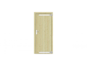 Vuren dichte enkele deur 90x201 cm, rechtsdraaiend, verzinkte hengen, RVS beslag, groen geimpregneerd.