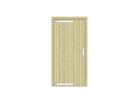 Vuren dichte enkele deur 108x209 cm, linksdraaiend, verzinkte hengen, RVS beslag, kleurloos geimpregneerd.