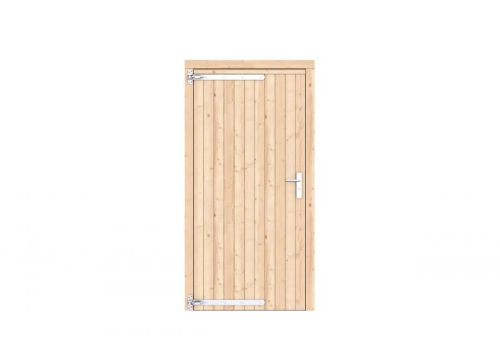 Vuren dichte enkele deur 108x209 cm, linksdraaiend, verzinkte hengen, RVS beslag, onbehandeld.