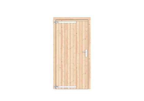 Vuren dichte enkele deur 108x209 cm, linksdraaiend, verzinkte hengen, RVS beslag, onbehandeld.