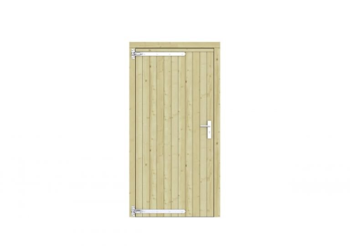 Vuren dichte enkele deur 108x209 cm, linksdraaiend, verzinkte hengen, RVS beslag, kleurloos geimpregneerd.