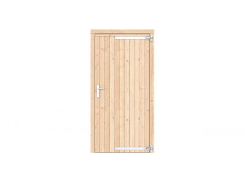 Vuren dichte enkele deur 108x209 cm, rechtsdraaiend, verzinkte hengen, RVS beslag, onbehandeld.
