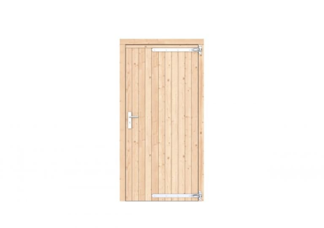 Vuren dichte enkele deur 108x209 cm, rechtsdraaiend, verzinkte hengen, RVS beslag, onbehandeld.