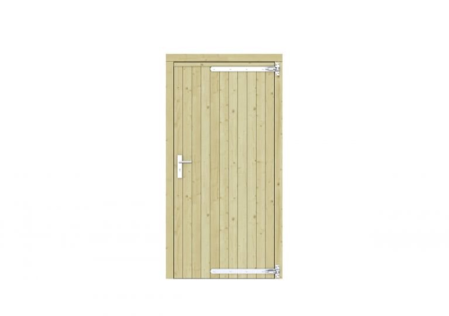 Vuren dichte enkele deur 108x209 cm, rechtsdraaiend, verzinkte hengen, RVS beslag, groen geimpregneerd.