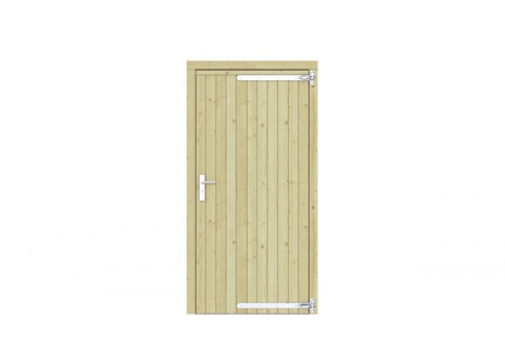 Vuren dichte enkele deur 108x209 cm, rechtsdraaiend, verzinkte hengen, RVS beslag, groen geimpregneerd.