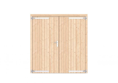 Vuren dichte dubbele deur 201x209 cm, verzinkte hengen, RVS beslag, onbehandeld.