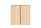 Vuren dichte dubbele deur 201x209 cm, verzinkte hengen, RVS beslag, onbehandeld.