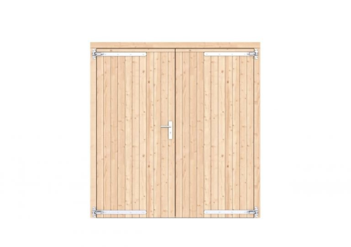 Vuren dichte dubbele deur 201x209 cm, verzinkte hengen, RVS beslag, onbehandeld.