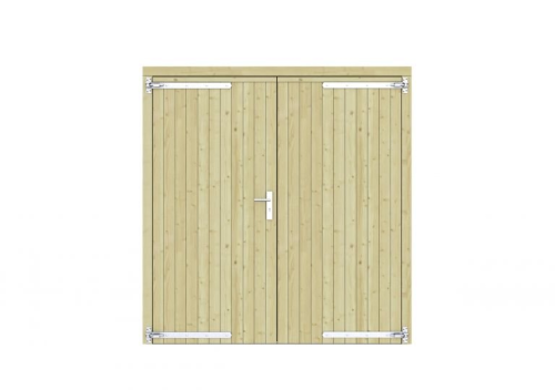Vuren dichte dubbele deur 201x209 cm, verzinkte hengen, RVS beslag, groen geimpregneerd.