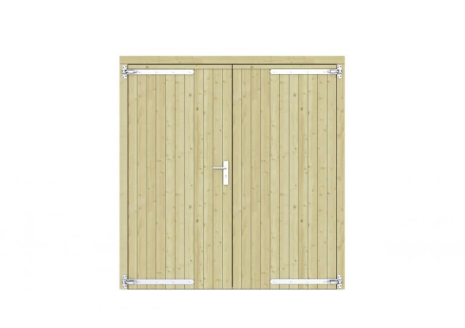 Vuren dichte dubbele deur 201x209 cm, verzinkte hengen, RVS beslag, groen geimpregneerd.