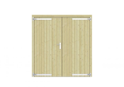 Vuren dichte dubbele deur 201x209 cm, verzinkte hengen, RVS beslag, groen geimpregneerd.