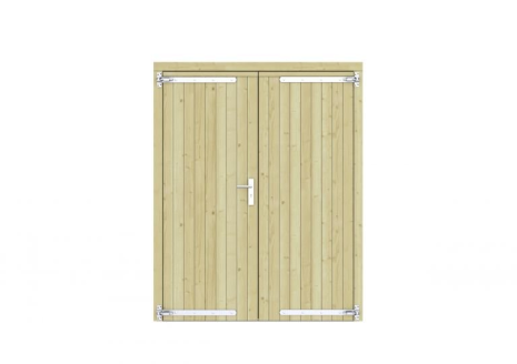 Vuren dichte dubbele deur 168x209 cm, verzinkte hengen, RVS beslag, groen geimpregneerd.