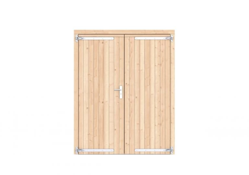 Vuren dichte dubbele deur 168x209 cm, verzinkte hengen, RVS beslag, onbehandeld.
